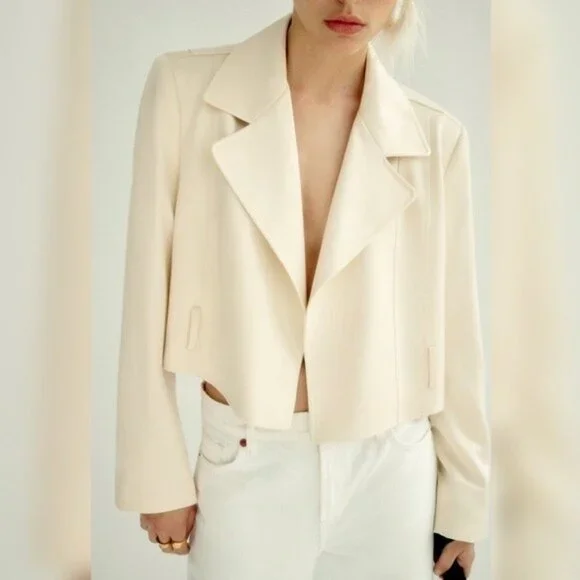 Zara NWOT Cream Cropped Satin effect lapel collar open front blazer jacket Small - Picture 1 of 6